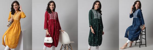 VredeVogel 9351 Heavy Rayon A line Embroidery Kurti Collection